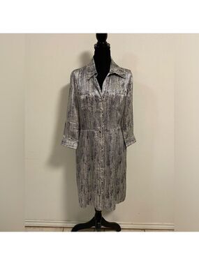 Boston Proper 100% Silk Shirt Collar Button up dress Chevron Size 10